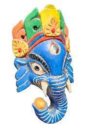 [ganesh Mask], Handmade Wooden Mask, Wall Hanging, [painted Blue], Poplar Wood