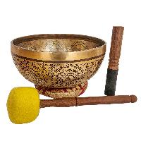 Singing Bowl, Buddhist Hand Beaten, With Fine Etching Carving Of Yellow Jambhala, Thangka Color Painted