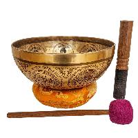 Singing Bowl, Buddhist Hand Beaten, With Fine Etching Carving Medicine Buddha, Thangka Color Painted