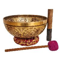 Singing Bowl, Buddhist Hand Beaten, With Fine Etching Carving, [green Tara], Thangka Color Painted