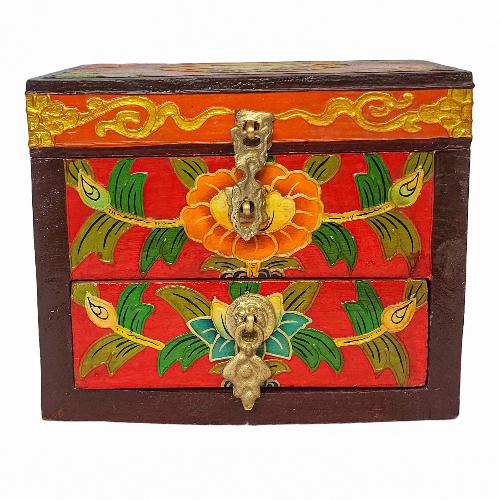 Tibetan Ritual Wooden Box, [carved] And Painted