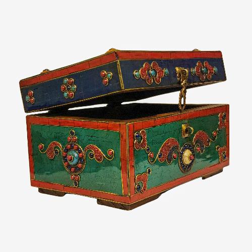 Tibetan Ritual Wooden Box, [carved] And Painted