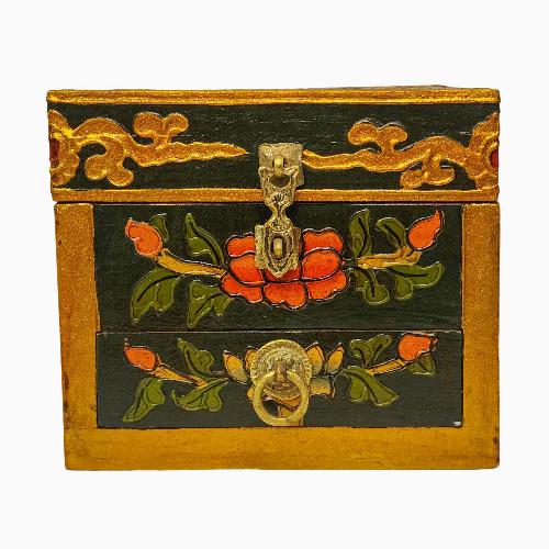 Tibetan Ritual Wooden Box, [carved] And Traditional Color Painted