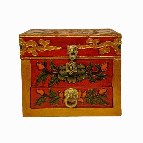 Tibetan Ritual Wooden Box, [carved] And Traditional Color Painted