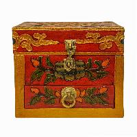 Tibetan Ritual Wooden Box, [carved] And Traditional Color Painted