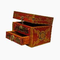 Tibetan Ritual Wooden Box, [carved] And Traditional Color Painted