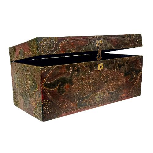 Tibetan Ritual Wooden Box, Traditional Color Painted