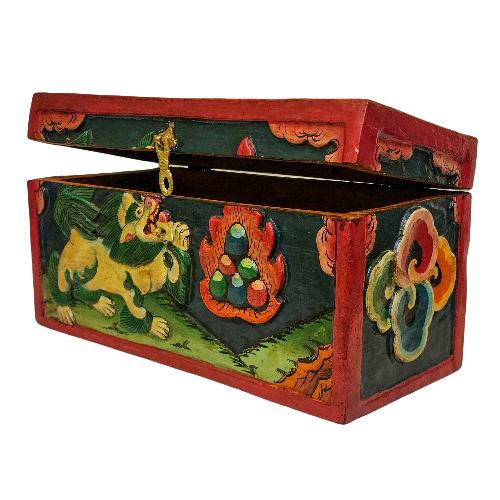 Tibetan Ritual Wooden Box, Traditional Color Painted