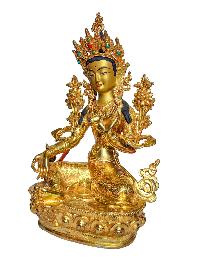 [green Tara], Buddhist Handmade Statue, [face Painted] And [gold Plated]