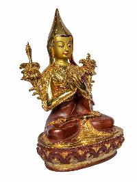 [tsongkhapa], Buddhist Handmade Statue, [face Painted], [partly Gold Plated And Chocolate Oxidized]