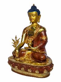 [medicine Buddha], Buddhist Handmade Statue, [face Painted], [partly Gold Plated And Chocolate Oxidized]