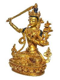 [manjushree], Buddhist Handmade Statue, [face Painted] And [gold Plated]