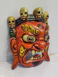 [bhairav], Handmade Wooden Mask, Wall Hanging, [painted Red], Poplar Wood, Mahakala Two Arms