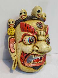 [bhairav], Handmade Wooden Mask, Wall Hanging, [painted White], Poplar Wood, Mahakala Two Arms