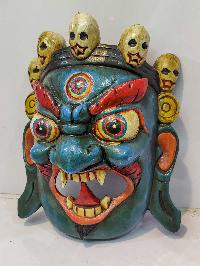 [bhairav], Handmade Wooden Mask, Wall Hanging, [painted Blue], Poplar Wood, Mahakala Two Arms