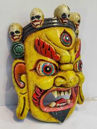 [bhairav], Handmade Wooden Mask, Wall Hanging, [painted Yellow], Poplar Wood, Mahakala Two Arms