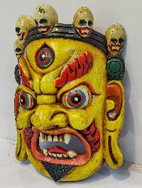 [bhairav], Handmade Wooden Mask, Wall Hanging, [painted Yellow], Poplar Wood, Mahakala Two Arms
