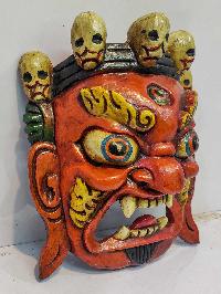 [bhairav], Handmade Wooden Mask, Wall Hanging, [painted Red], Poplar Wood, Mahakala Two Arms