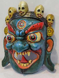 [bhairav], Handmade Wooden Mask, Wall Hanging, [painted Blue], Poplar Wood, Mahakala Two Arms