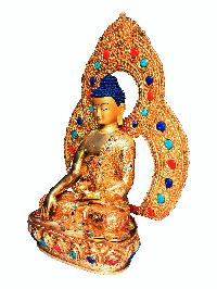 [shakyamuni Buddha], Buddhist Handmade Statue, [face Painted] And [gold Plated], [stone Setting]