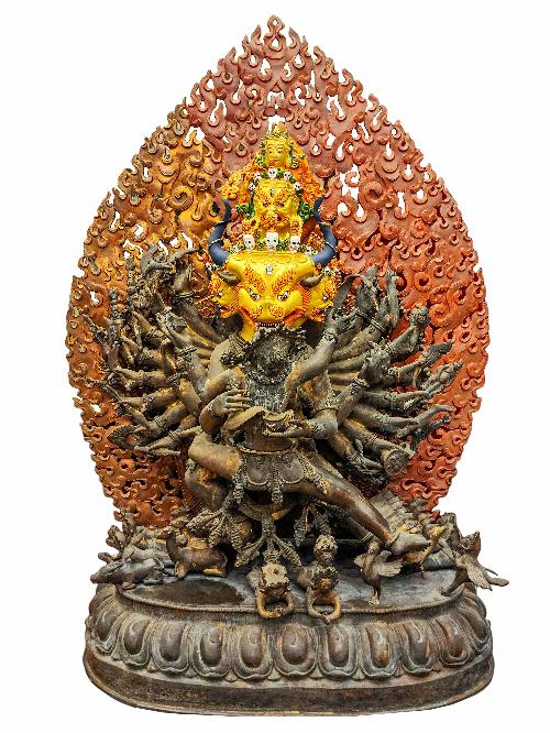 [yamantaka], Buddhist Handmade Statue, [face Painted], [chocolate Oxidized], And Antique Finishing With Additional Carving