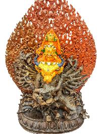 [yamantaka], Buddhist Handmade Statue, [face Painted], [chocolate Oxidized], And Antique Finishing With Additional Carving