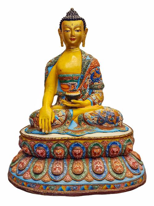 [shakyamuni Buddha], Buddhist Handmade Statue, [face Painted], Traditonal Color Finishing With Additional Carving