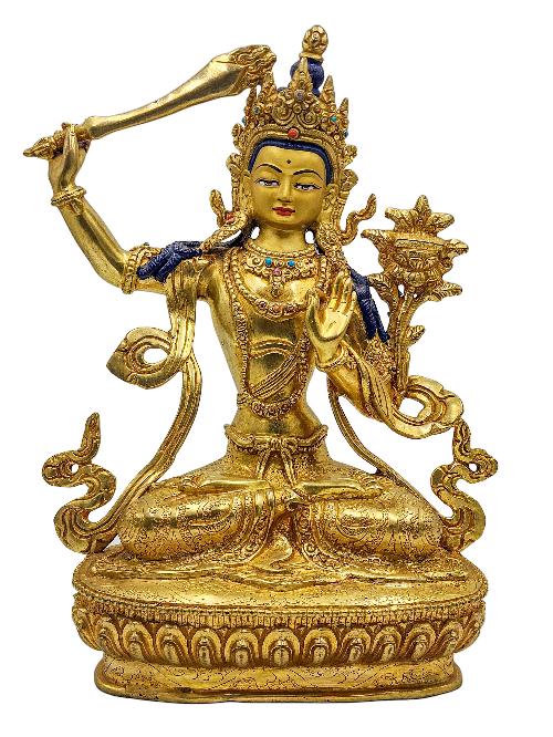 [manjushree], Buddhist Handmade Statue, [face Painted] And [gold Plated]