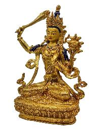 [manjushree], Buddhist Handmade Statue, [face Painted] And [gold Plated]