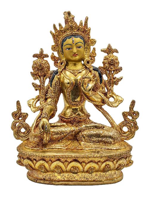 [white Tara], Buddhist Handmade Statue, [face Painted] And [gold Plated]