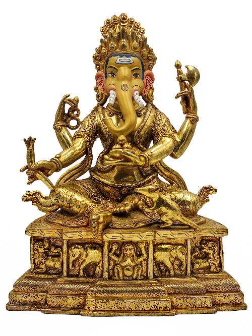 [ganesh], Buddhist Handmade Statue, [face Painted] And [gold Plated]