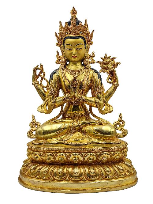 [chenrezig], Buddhist Handmade Statue, [face Painted] And [gold Plated]