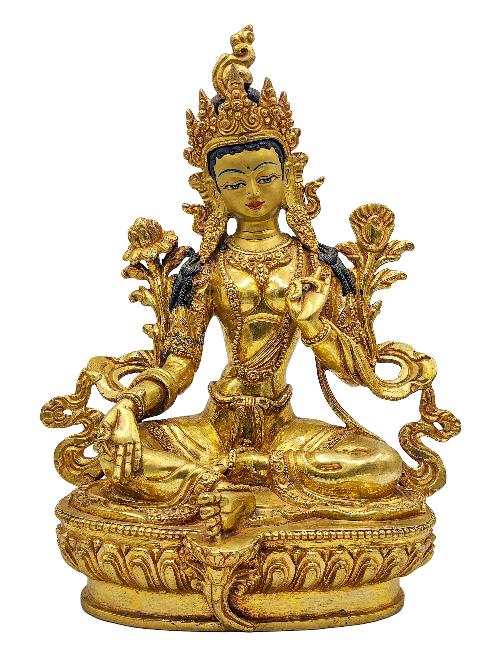 [green Tara], Buddhist Handmade Statue, [face Painted] And [gold Plated]