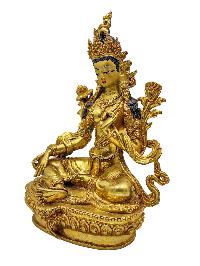 [green Tara], Buddhist Handmade Statue, [face Painted] And [gold Plated]