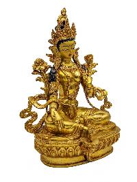 [green Tara], Buddhist Handmade Statue, [face Painted] And [gold Plated]