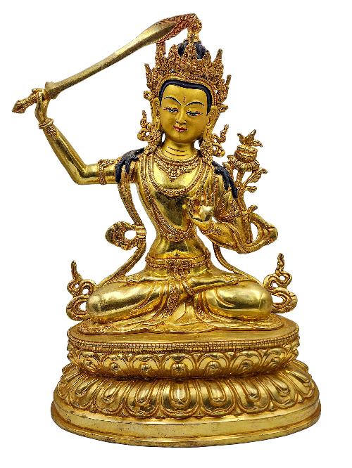 [manjushree], Buddhist Handmade Statue, [face Painted] And [gold Plated]