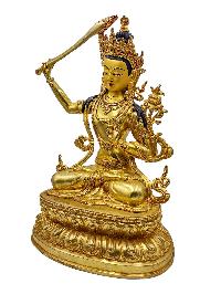 [manjushree], Buddhist Handmade Statue, [face Painted] And [gold Plated]