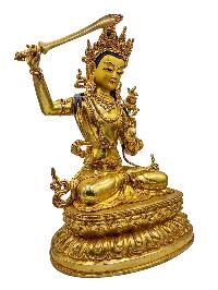 [manjushree], Buddhist Handmade Statue, [face Painted] And [gold Plated]