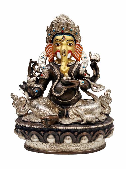 [ganesh], Buddhist Handmade Statue, [silver And Chocolate Oxidized], Wtih [face Painted]