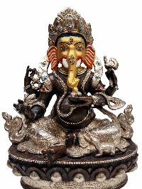 [ganesh], Buddhist Handmade Statue, [silver And Chocolate Oxidized], Wtih [face Painted]