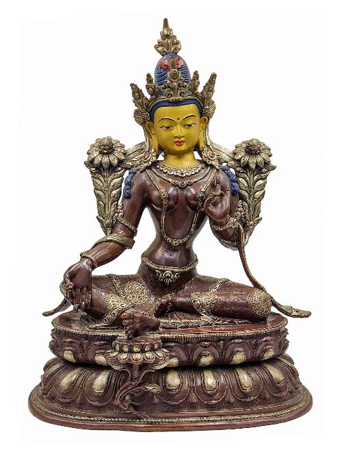 [green Tara], Buddhist Handmade Statue, [silver And Chocolate Oxidized], Wtih [face Painted]