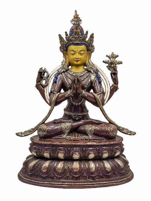 [chenrezig], Buddhist Handmade Statue, [silver And Chocolate Oxidized], Wtih [face Painted]