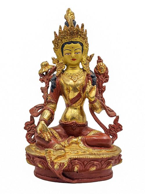 green Tara, Buddhist Handmade Statue, partly Gold Plated, Wtih face Painted