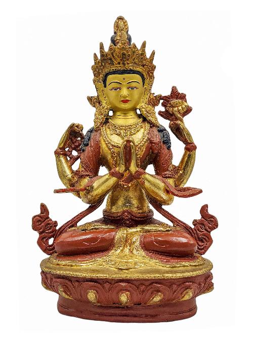 chenrezig, Buddhist Handmade Statue, partly Gold Plated, Wtih face Painted