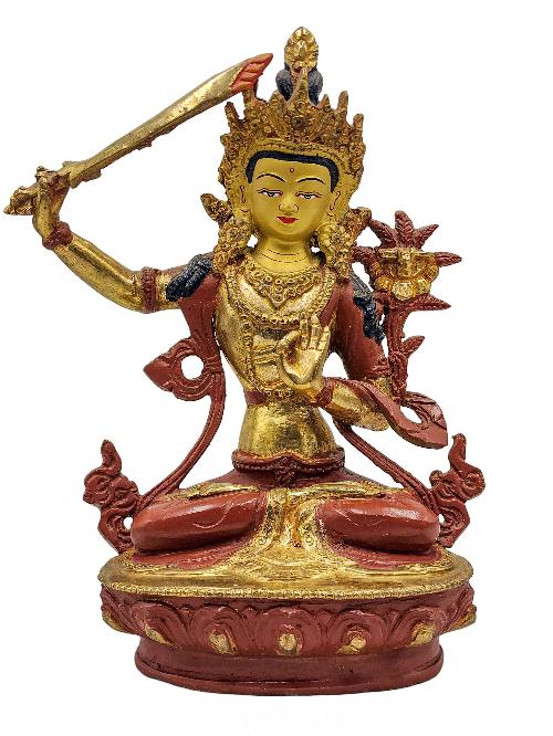 manjushree, Buddhist Handmade Statue, partly Gold Plated, Wtih face Painted