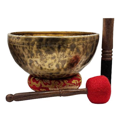 Jambati Singing Bowl, [tiger Antique], [jhumkat], Buddhist Hand Beaten, Antique Finishing, Sound Note F, 178 Hz