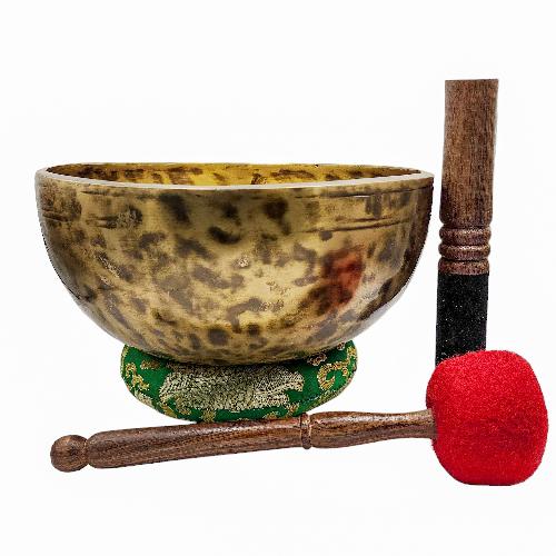 Jambati Singing Bowl, [tiger Antique], [jhumkat], Buddhist Hand Beaten, Antique Finishing, Sound Note E, 161 Hz