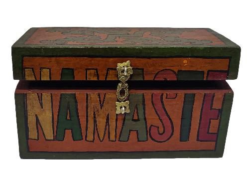 Tibetan Ritual Wooden Nameste Box, Traditional Color Painted