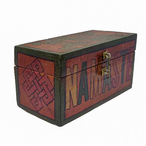 Tibetan Ritual Wooden Nameste Box, Traditional Color Painted