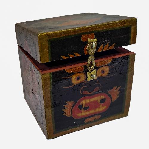 Tibetan Ritual Wooden Tantrik/ Mahakala Box, Traditional Color Painted